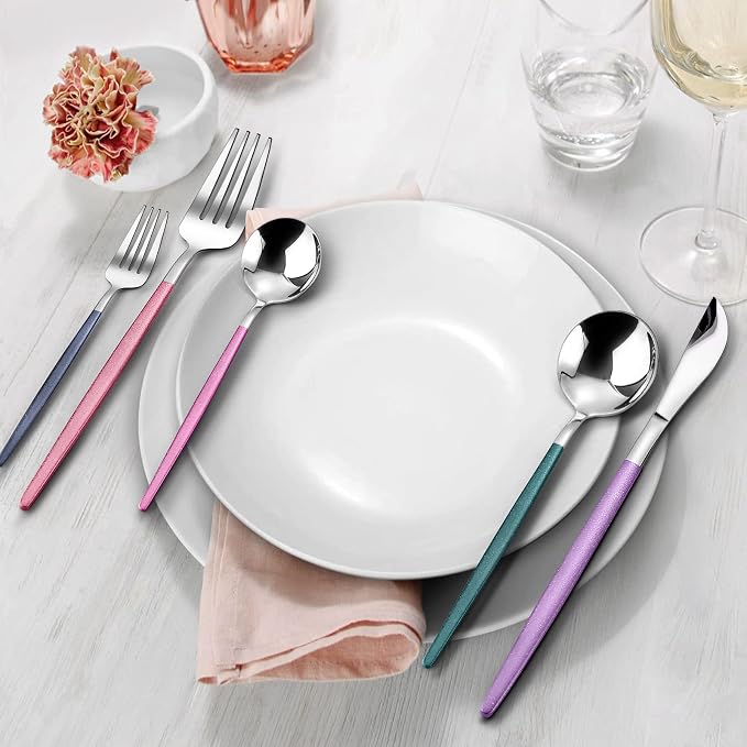 VANVRO Mirror Silver multicolor Silverware Set, 20-Piece Stainless Steel Flatware Set, Satin Finish tableware Cutlery Set, Service for 4, Home and Restaurant, Dishwasher Safe