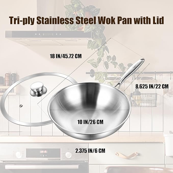 LOLYKITCH 10-Inch Stainless Steel Wok with Glass Lid | Riveted Handle | Small | Uncoated Tri-Ply Stir Fry Pan | Everyday Cooking Wok for Induction | Flat Bottom | SGS Certified Cookware | PFOA-FREE