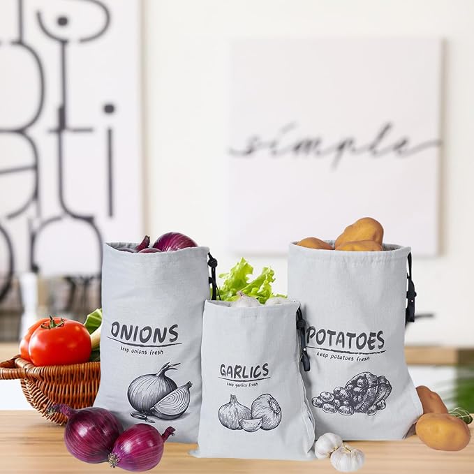 Potato Onion Garlic Storage Bag, Reusable Potato Onion and Storage Bag for Pantry, Vegetable Storage Bags with Drawstring Closure, 3 Packs (Potato Onion Garlic Bag)