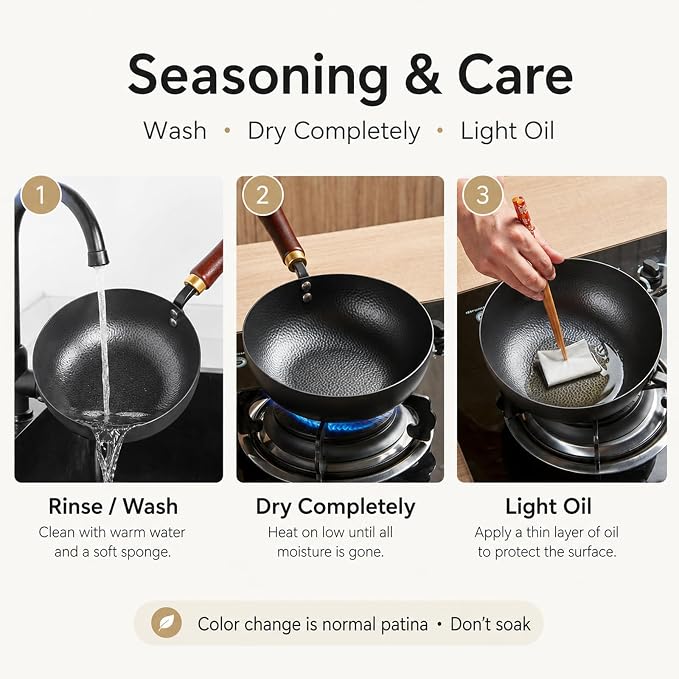 7.8-Inch Small Carbon Steel Wok with Wooden Lid, 1.6QT | Cold-Forged Flat Bottom, Coating-Free Carbon Steel, Induction Ready, Compact Size for Eggs, Ramen, Soup and Oatmeal