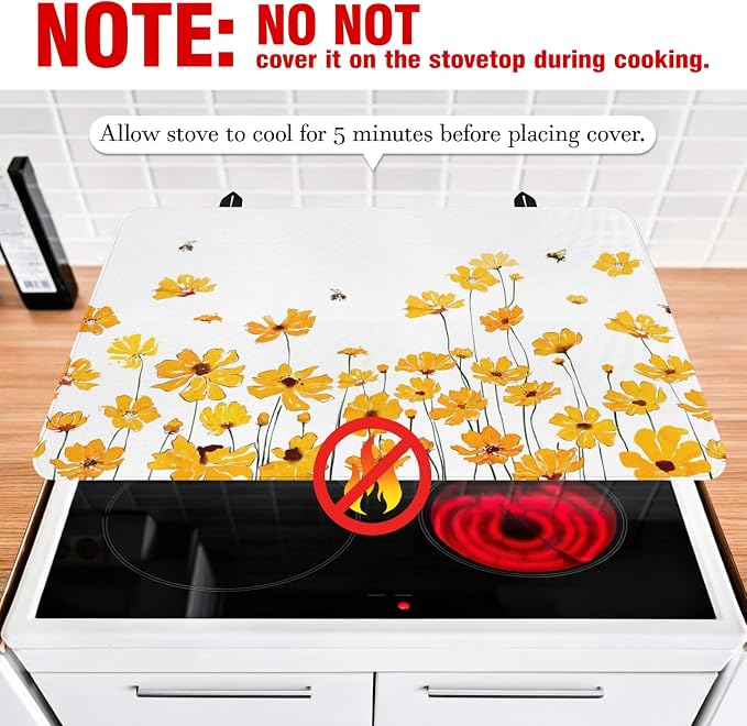 Spring Summer Glass Stove Top Covers for Electric Stove,Yellow Flowers Floral Bee Farmhouse Heat Resistant Cooktop Protector Non-Slip Washable Dish Drying Mat Rug Pad for Kitchen Decor 28"x20"