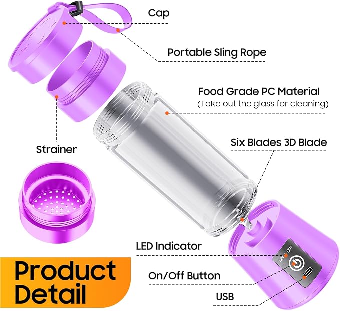 2026 New Portable Smoothies Blender - 13 Oz Personal Travel Blender | Small Blender with 6 Blades & 380ML Cup BPA Free, High Blending Speed Suit for Making Fresh Juice in Travel Sports