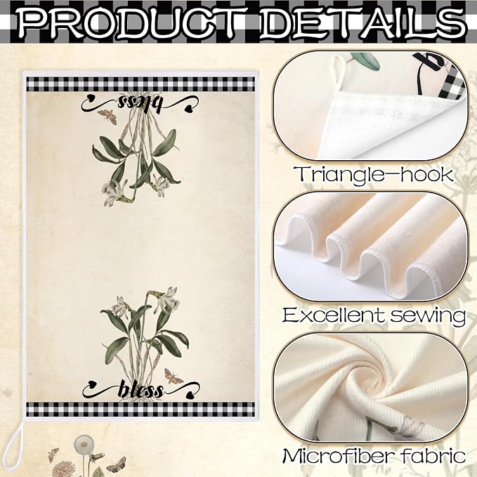 4 Pcs Vintage Wildflower Kitchen Towels Absorbent Tea Towels Gift | Floral Hand Dish Towels Neutral Grid Fast Drying Decor Housewarming Gift for Cooking Bathroom Kitchen Decor