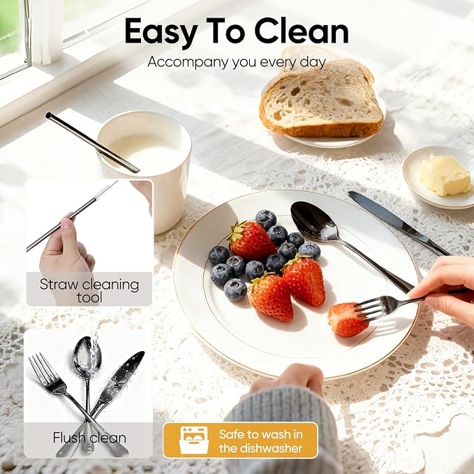 Travel Camping Utensils with Case, 6 Pcs Reusable Stainless Steel Silverware Cutlery Set, Spoon, Fork, Knife + Straw/Brush Kit for Camping, Travel, Office, Lunch Box, Eco On-the-Go (black)