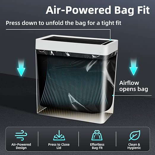 2.7 Gallon Slim Bathroom Touchless Trash Can, Automatic Smart Trash Can with Air-Press Bag Expander, Sensor Lid Waste Bin for Bedroom, Office & RV, White