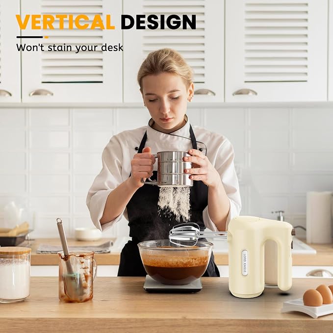 Lord Eagle 5-Speed Small Hand Mixer Electric, 300W Compact Portable, Cream | Handheld Kitchen Mixer Egg Beater with 5 Attachments & Storage Bag, Cake Supplies for Bread Dough Baking, Lightweight