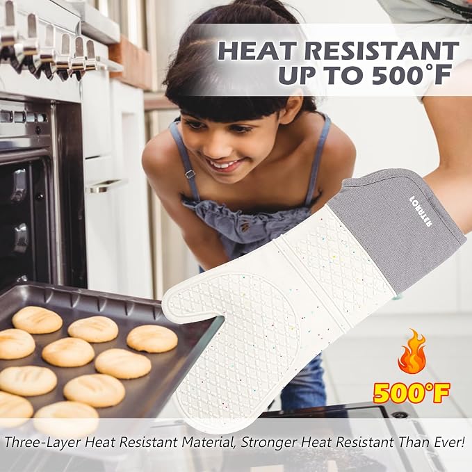 Extra Long Silicone Oven Mitts - Heat Resistant up to 500°F, 15'' Waterproof and Non-Slip Oven Gloves with Soft Quilted Liner - Perfect for BBQ, Cooking, Baking, and Grilling - 1 Pair, Light Grey