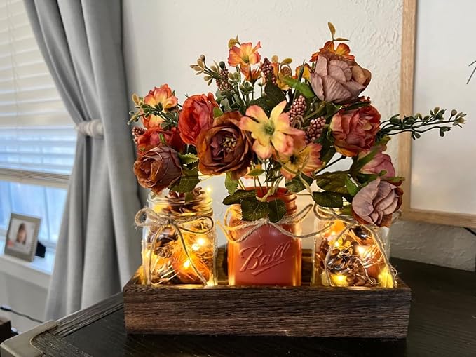 3 Pcs Mason Jar Centerpiece Table Decorations for Dining Table Decor Farmhouse Coffee Table Decor with Wood Tray and Led Light Table Centerpieces for Dining room Kitchen Living Bathroom,Orange | Rustic Farmhouse Decor for Home Décor Accents Kitchen Cou...