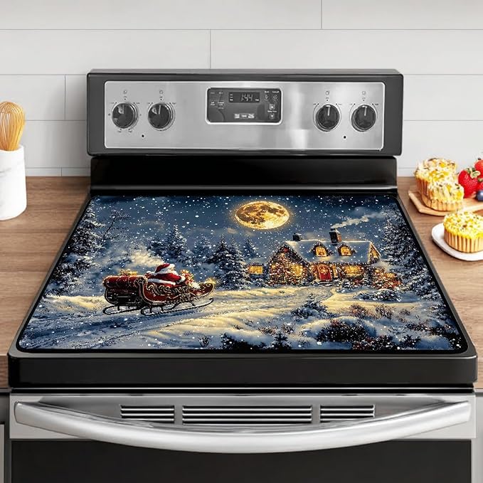 Santa Claus Sled Electric Stove Top Cover Protector,Heat-Resistant Oven Induction Cooktop Mat,Washer Top Protector,Christmas Eve Glass Cooktop Protector 28.5”x 20.5”