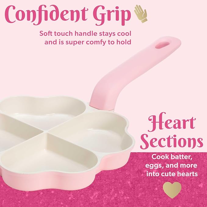 Paris Hilton Heart-Shaped Divided Fry Pan, Ceramic Nonstick Frying Pan with Individual Heart Sections, Dishwasher Safe, 8-Inch, Pink