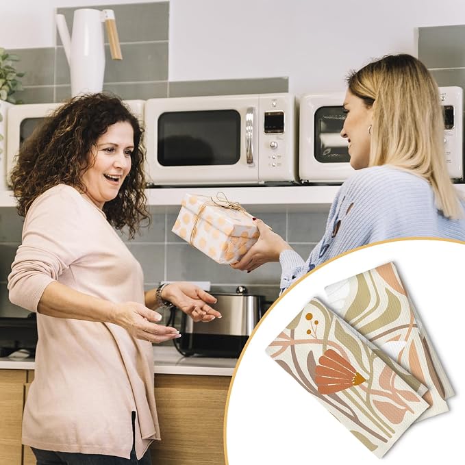 Abstract Boho Beige and White Floral Kitchen Towels Set of 2, 70s Retro Groovy Botanical Dish Tea Towels for Kitchen Decor, Mid Century Modern Hand Towels for Bathroom Decor, 16x24 Inch