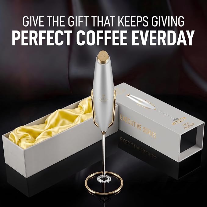 Zulay Kitchen Powerful Milk Frother Wand With Duracell Batteries - Ultra Fast Handheld Drink Mixer - Electric Whisk Foam Maker for Coffee, Lattes, Cappuccino & Matcha - Z1 Motor - Exec Silver Gold