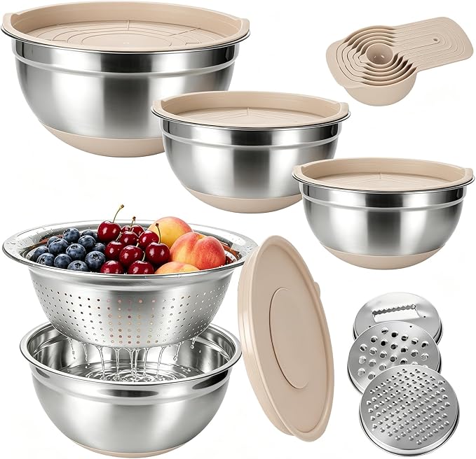 Stainless Steel Mixing Bowls with Lids, Non-Slip Silicone Base Set | 14-piece set with 6.3, 4.3, 3.6 and 2.9 QT bowls, colander, grater and measuring spoons, Stackable for storage