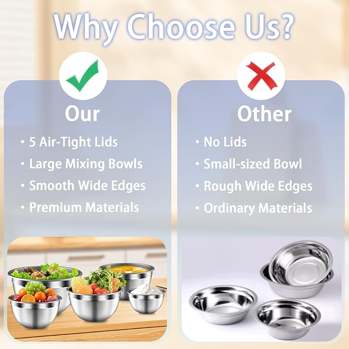 Mixing Bowls with Airtight Lids Set, 5 PCS Stainless Steel Khaki | Nesting Storage Bowls for Kitchen, Large Prep Metal Bowl , 5.5/4/3.5/2/1.5 QT for Mixing, Serving & Backing, Dishwasher Safe