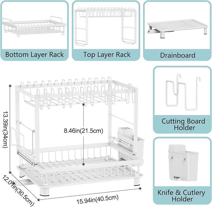 2-Tier Dish Drying Rack for Kitchen Counter, Space-Saving, White | Rustproof Carbon Steel, Auto Drain Spout, Space-Saving Dish Rack with Drainboard, Utensil & Cup Holders, Countertop Organizer
