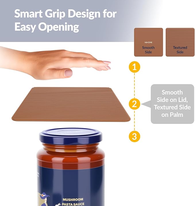 NiHome Silicone Jar Opener Gripper Pads, 6 in for Seniors,Coffee Color,4PC | Textured Back for Superior Grip on Stubborn Lids, BPA-Free Food-Grade, Heat Resistant, Dishwasher Safe, Rounded Square