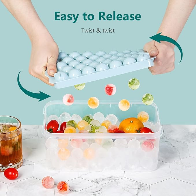 Optish Ice Cube Tray with Lid and Bin, 3 Pack Ice Trays for Freezer, 99 Pcs Round Ice Cube Mold, Ices Maker Bucket with Scoop for Cocktail, Coffee, Rv Accessories, Easy to Release (1 inch, Blue)