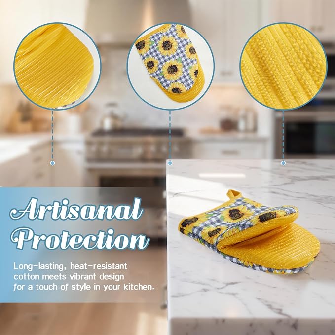 Ribbed Mini Oven Mitts 2-Pack Set, 5.5"x8.5", Sunflower Printed, Heavy Duty Cotton, Non-Slip Heat Resistant Soft Silicone Oven Mitts with Hanging Loop for Cooking Kitchen Decor