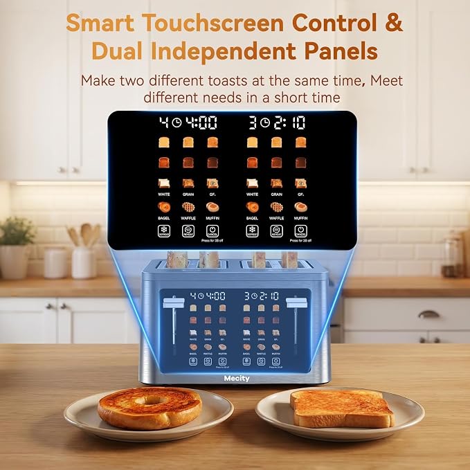 Mecity 4 Slice Touchscreen Toaster, 6 Bread Modes & 6 Browning Levels, Dual Touch Control Wide Slot Stainless Steel Electric Toaster with Memory, Defrost, 3-Min Auto Shutoff for White, Bagels, Waffles