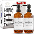 Amber Glass Soap Dispenser Matte Black with Pump, 16 oz | Amber Glass, Matte Black Stainless Steel Pump Hand and Dish,Bathroom and Kitchen Sink Use 6 Waterproof (Pack of 2)
