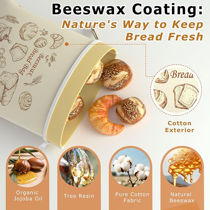 2 Pack Reusable Cotton Sourdough Beeswax Bread Bags with Wide Zipper, Beige | XL(13.3x16.9in) Portable Bread Storage with Handle, Washable, Keep Fresh, Fit Homemade Sourdough Bread, Ideal for Gift-Giving