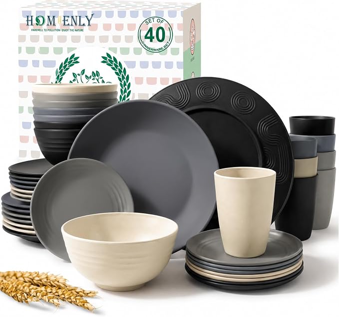 40 PCS Wheat Straw Dinnerware Sets Dishes Set for 8 Unbreakable Plates and Bowls Sets for Kitchen Dishwasher and Microwave Safe Plate Set Camping, Apartment, Kids-Grey Stone