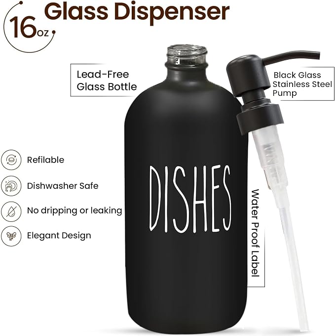 Black Glass Soap Dispenser, Matte Black Pump, 16 oz | Black Glass, Matte Black Stainless Steel Pump, Bathroom and Kitchen Sink use, 6 Waterproof Labels (Pack of 2)