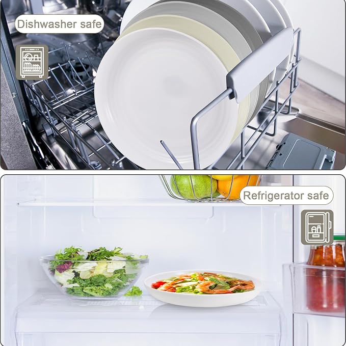 HEYCOME 12 Pcs Unbreakable Deep Dinner Plates Set, 10 inch Reusable Plastic Wheat Straw Plates, Microwave and Dishwasher Safe Plate for Kitchen, Lightweight Plate for Dessert, BPA Free, Beige