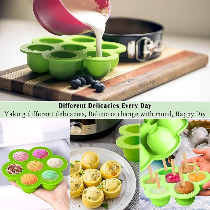 7PCS Silicone Egg Bites Mold Set with Steamer Rack for 6qt 8qt Instant Pot | Includes 2 Spoons and 2 Spatulas for Meal Prep, Breakfast Recipes, Steaming, Baking, and Convenient Homemade Egg Snacks