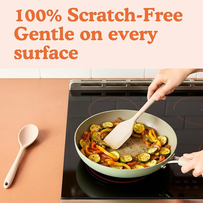 NonToxic Platinum Silicone Utensils, 100% Plastic-Free, 2-Pcs, Beige | LFGB-certified platinum silicone. Solid steel core, no hidden plastics. 500°F heat resistant. Non-scratch. Dishwasher safe