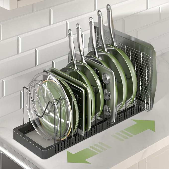Pots and Pans Organizer under Cabinet, Expandable Pot Lid Organizer Holder with 14 Adjustable Compartment, Pan Organizers inside Cabinet for Lids, Bakeware, Kitchen Storage Pot Rack, Black