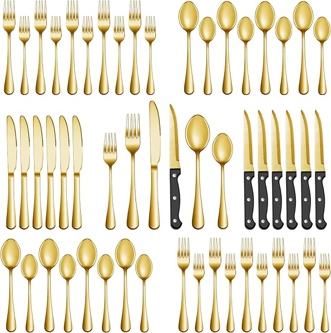 72 Pcs Gold Silverware Set with Steak Knives, Stainless Steel Flatware Cutlery Set for 12, Kitchen Tableware Sets, Utensil Sets for Home and Restaurant, Dishwasher Safe