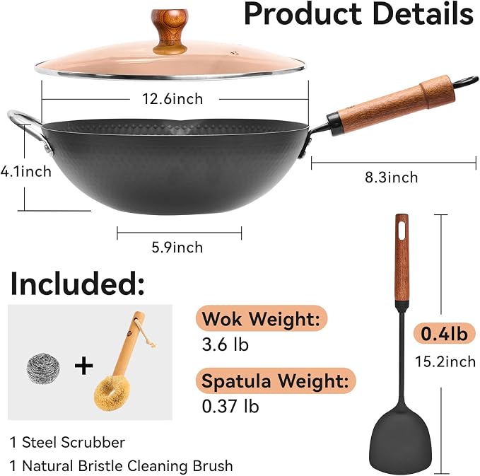 WANGYUANJI Flat Bottom Wok Pan, 12.6 Inch Carbon Steel Stir Fry Pan with Lid, Uncoated Heavy Duty Iron Woks for Cooking, Compatible with Induction Gas Electric Stovetops, Deep Frying Skillet Cookware