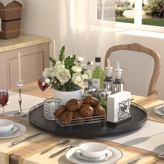 Oroyutor 21-Inch Extra Large Oak Lazy Susan with Black Metal Rail | Rotating oak tray organizes spices, toiletries and decor on kitchen counters, bathroom vanities, dining and coffee tables.