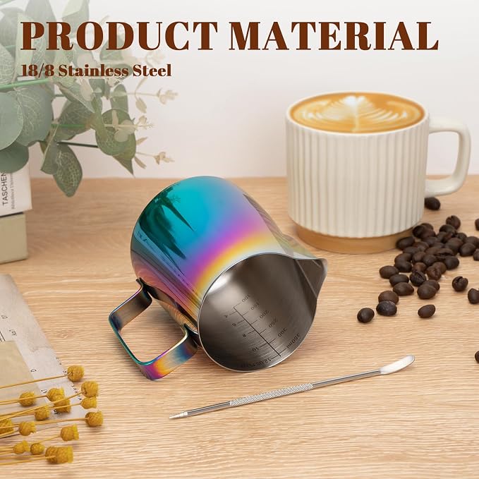 Amrules Milk Frothing Pitcher 12oz Frother Cup Barista Tools, Multicolor | 18/8 Stainless Steel, 12oz Capacity with Clear Scale, with Decorating Pen, Ergonomic Handle, for Cappuccino, Latte & Espresso