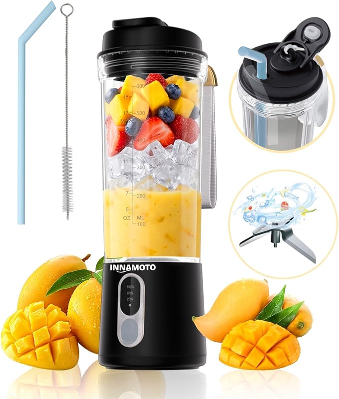 Portable Personal Size Mini Blender - 20oz Small Blender Make Smoothies | BAP-Free Juice Cup, Leak-proof Travel Lid, Extra-Long 304 Stainless Steel Blades, Freshly Squeezed in Gym/Picnic/Office/Home