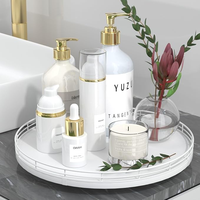 Oroyutor 12-Inch Oak Lazy Susan Vanity Tray, White Finish | Rotating oak tray organizes spices, toiletries and decor on kitchen counters, bathroom vanities, dining and coffee tables.