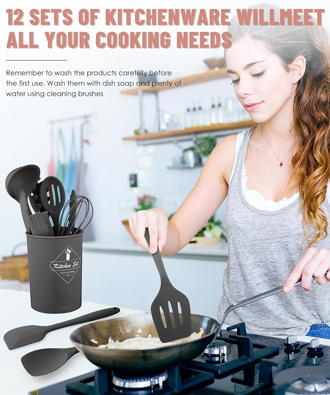 Gray Kitchen Utensils Set-12 Pieces Silicone Cooking Utensils Set | Dishwasher Safe 392°F Heat Resistant Spatula Set Kitchen Utensil Set for Nonstick Cookware,Best Kitchen Tools with Holder