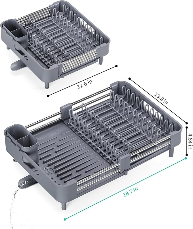 TOOLF Expandable Dish Drying Rack with Cutlery Holder, Standard, Grey | Over or In Sink Stainless Steel Dish Drainers for Compact Kitchen, Space Saving, Fast Drain, Rustproof, For 1-3 people