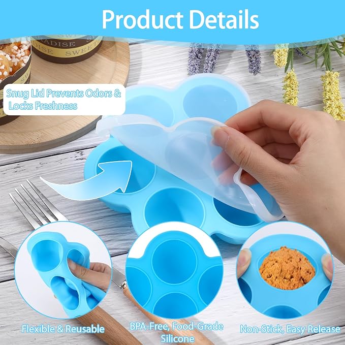 2 Pack Silicone Egg Bite Molds, Reusable Egg Bites Silicone Mold with Lid Fit Instant Pot 5,6,8 qt Pressure Cooker & Air Fryer, Alternative to Sous Vide Bite Maker for Cooking Food Freezer Storage