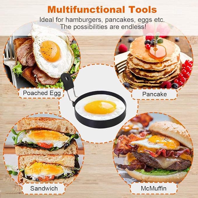 COTEY 3.5" Egg Rings Set of 2 with Silicone Handle, Large Ring for Frying Eggs, Round Mold for English Muffins - Griddle Cooking Shaper for Breakfast | Stainless Steel Fried Egg Cooker Ring Molds for English Muffin. Heat-resistant Silicone Handles Idea...