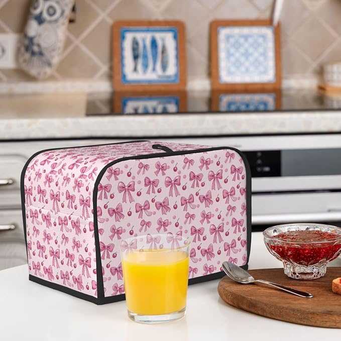 2 Slice Toaster Cover Pink Bow Pattern Cherry Dust Proof Washable Kitchen Appliance Cover with Pocket, Oxford Fabric Countertop Toaster Protector for Standard Toasters Small Appliances