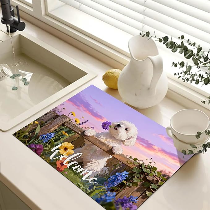 HOMETITUTE Spring Stove Top Covers for Electric Stove 28x20 Inches Puppy Flower Garden Sunset Heat Resistant Glass Cooktop Protector Pad Decorative Stovetop Cover Dish Drying Mats for Kitchen Decor