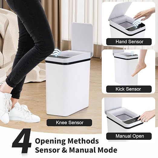 3 Pack Bathroom Trash Can with Lid, 2.5 Gallon Small Slim Trashcan, Automatic Trash Can Touchless, Motion Sensor Waterproof Plastic Trash Bin for Bedroom Kitchen Office Living Room (White)
