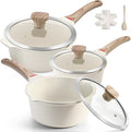 Vinchef 10PCS Sauce Pan Set with Lids, Nonstick, 2/3/4QT, White | Complete set with silicone utensils&protectors, PFAS/PFOA-free coating, dishwasher-safe, induction-ready, cool-grip handles
