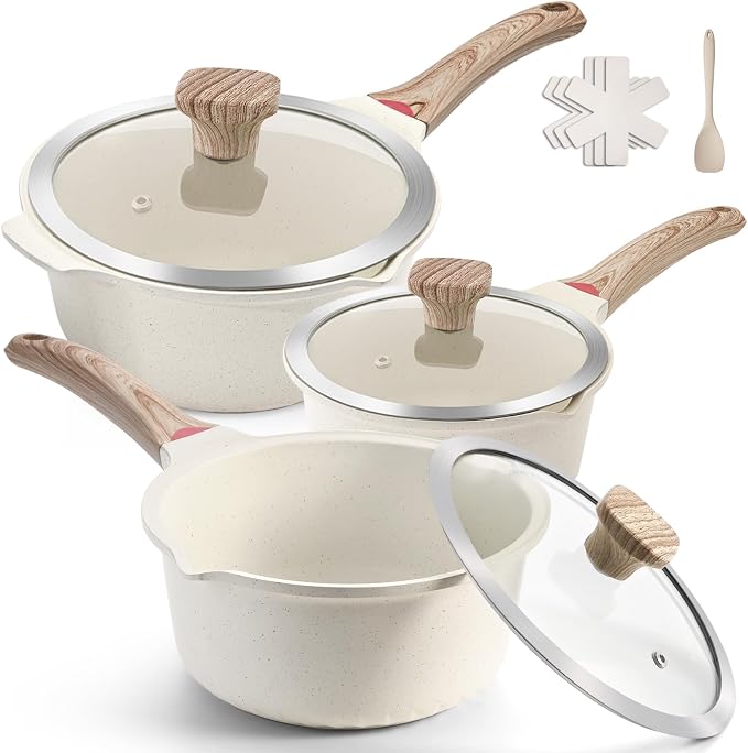 Vinchef 10PCS Sauce Pan Set with Lids, Nonstick, 2/3/4QT, White | Complete set with silicone utensils&protectors, PFAS/PFOA-free coating, dishwasher-safe, induction-ready, cool-grip handles