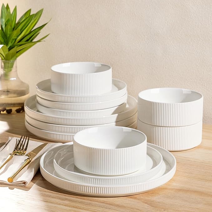 Ceramic Dinnerware Set for 4, 12-Piece Plates and Bowls Set | Lightweight Porcelain Dish Set, Scratch Resistant, Oven & Microwave & Dishwasher Safe, Bright White