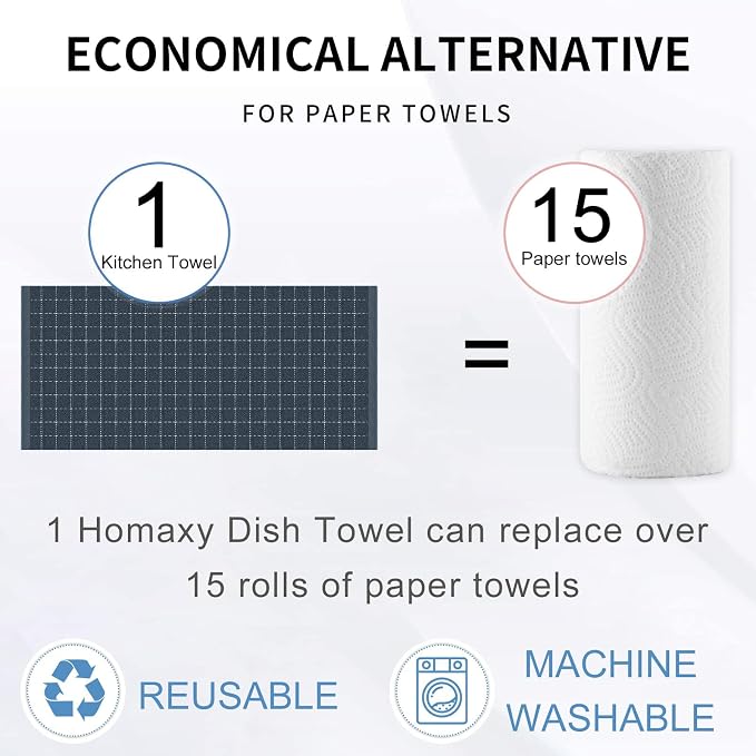Homaxy Kitchen Towels and Dishcloths Set, Set of 12, Dark Grey | Bulk Cotton Terry Kitchen Towels, Checkered Designed, Soft and Super Absorbent Dish Towels, 12 x 12 and 13 x 28 Inches