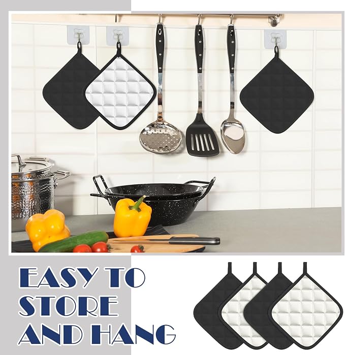 Bokon 12 Pcs Pot Holders for Kitchen, Black Potholders Sets, Heat Resistant Cotton Hot Pad Oven Mitts Trivet with Hanging Loops for Baking Cooking