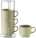 HASENSE Ceramic Coffee Mugs Set of 4 with Rack - 15 oz Stackable Large Porcelain Ribbed Latte Cup Set for Cappuccino, Tea, Hot Cocoa, Drinks - Dishwasher & Microwave Safe, Sage Green